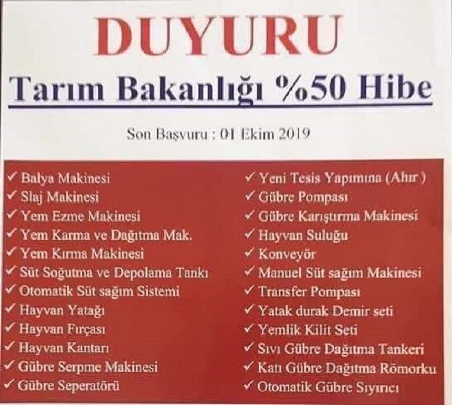 TARIM BAKANLIĞI YÜZE ELLİ HİBE SON BAŞVURU TARİHİ 30 EYLÜL