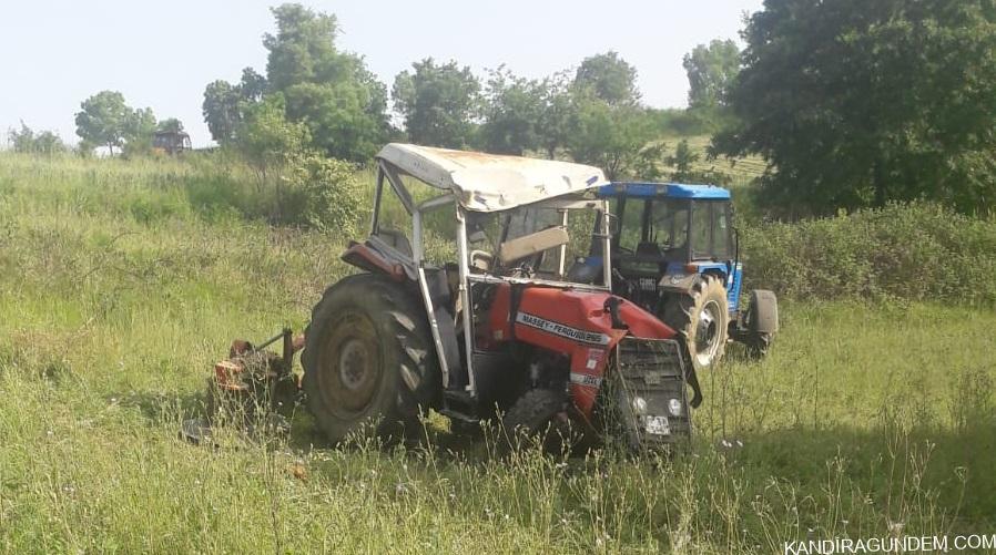 KANDIRA’DA EL FRENİ BOŞALAN TRAKTÖR TAKLA ATTI